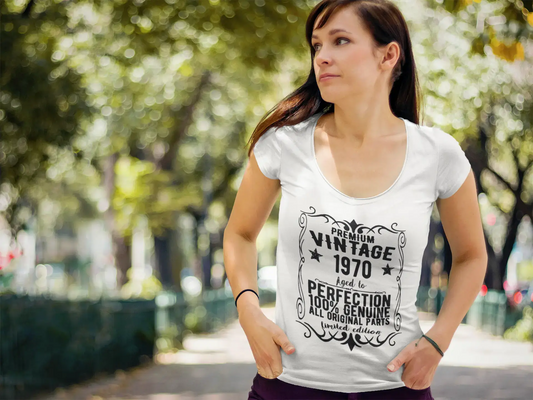 Premium Vintage année 1970, blanc, T-shirt à manches courtes et col rond pour femmes, t-shirt cadeau 00368