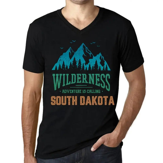 Men's Graphic T-Shirt V Neck Wilderness, Adventure Is Calling South Dakota Eco-Friendly Limited Edition Short Sleeve Tee-Shirt Vintage Birthday Gift Novelty