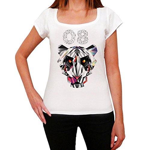 Tigre géométrique numéro 08, blanc, T-shirt à manches courtes et col rond femme 00283