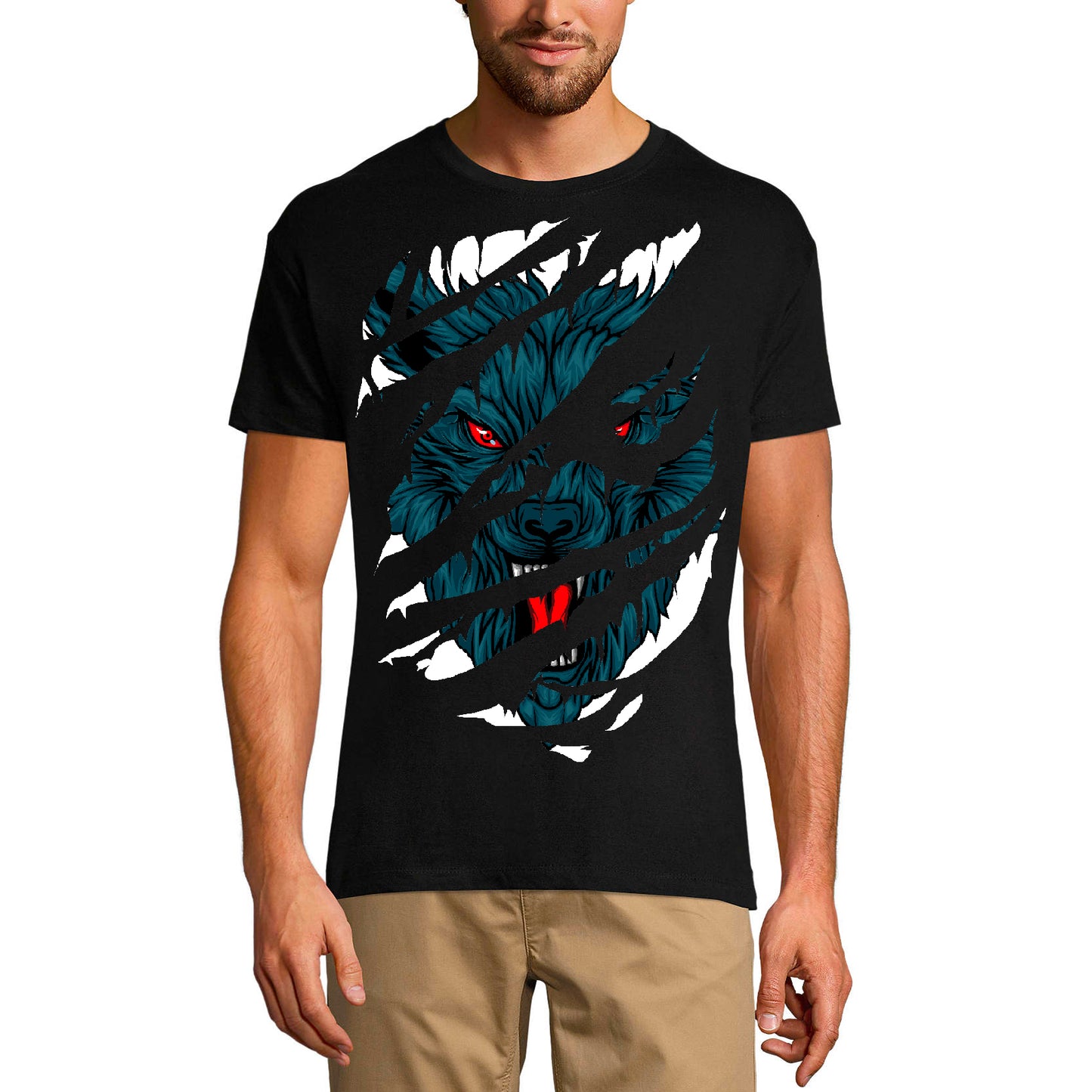 ULTRABASIC T-shirt déchiré pour hommes Angry Wolf - Yeux rouges - Chemise à manches courtes