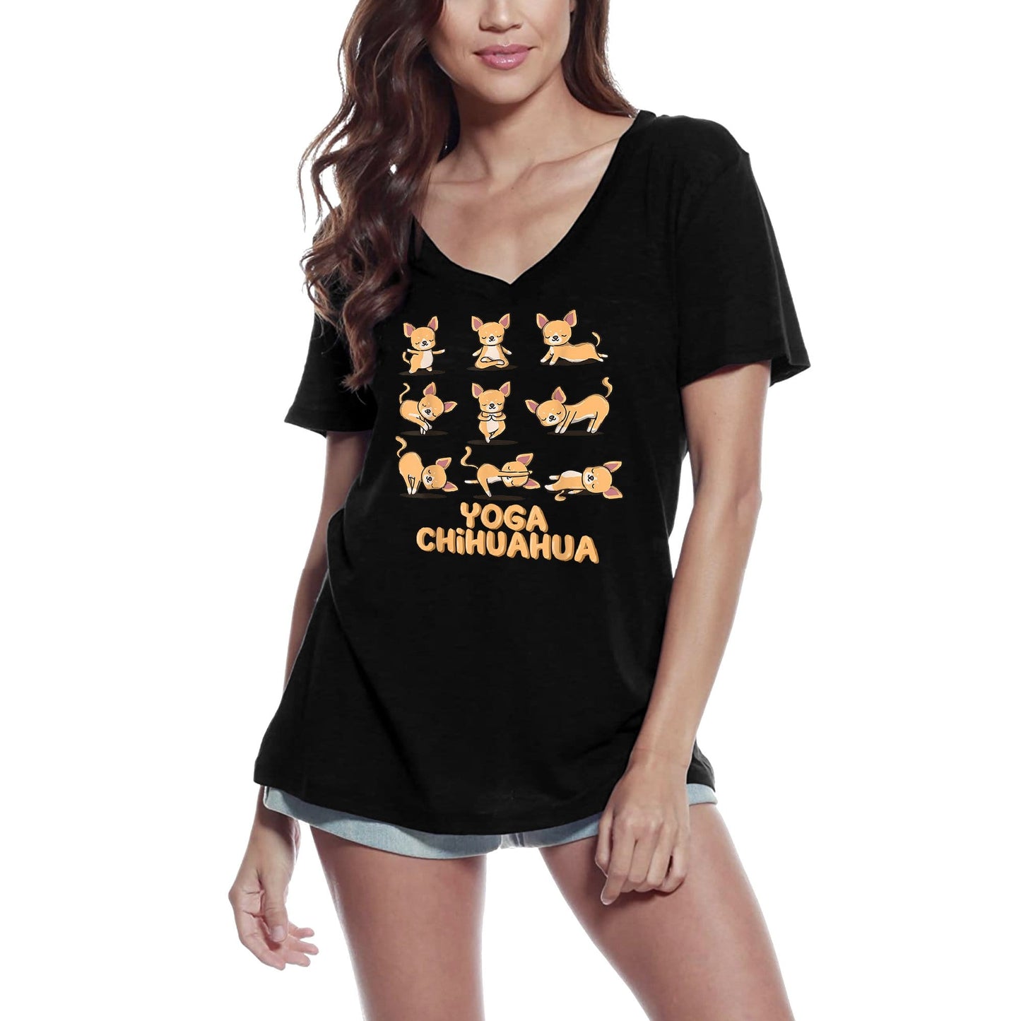 ULTRABASIC T-Shirt Col V Femme Yoga Chihuahua - Tee Shirt Méditation Spirituelle