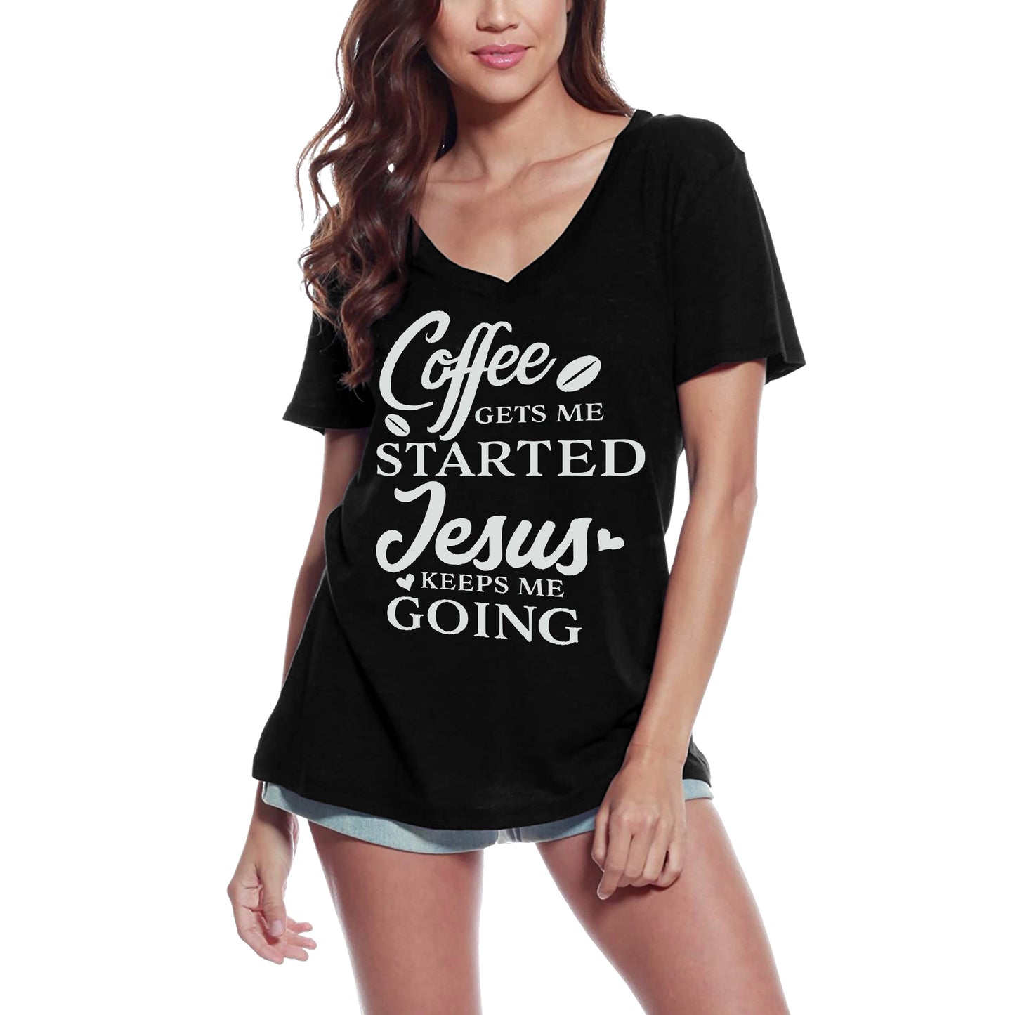 ULTRABASIC Women's T-Shirt Coffee Gets Me Started Jesus Keeps Me Going - Short Sleeve Tee Shirt Tops