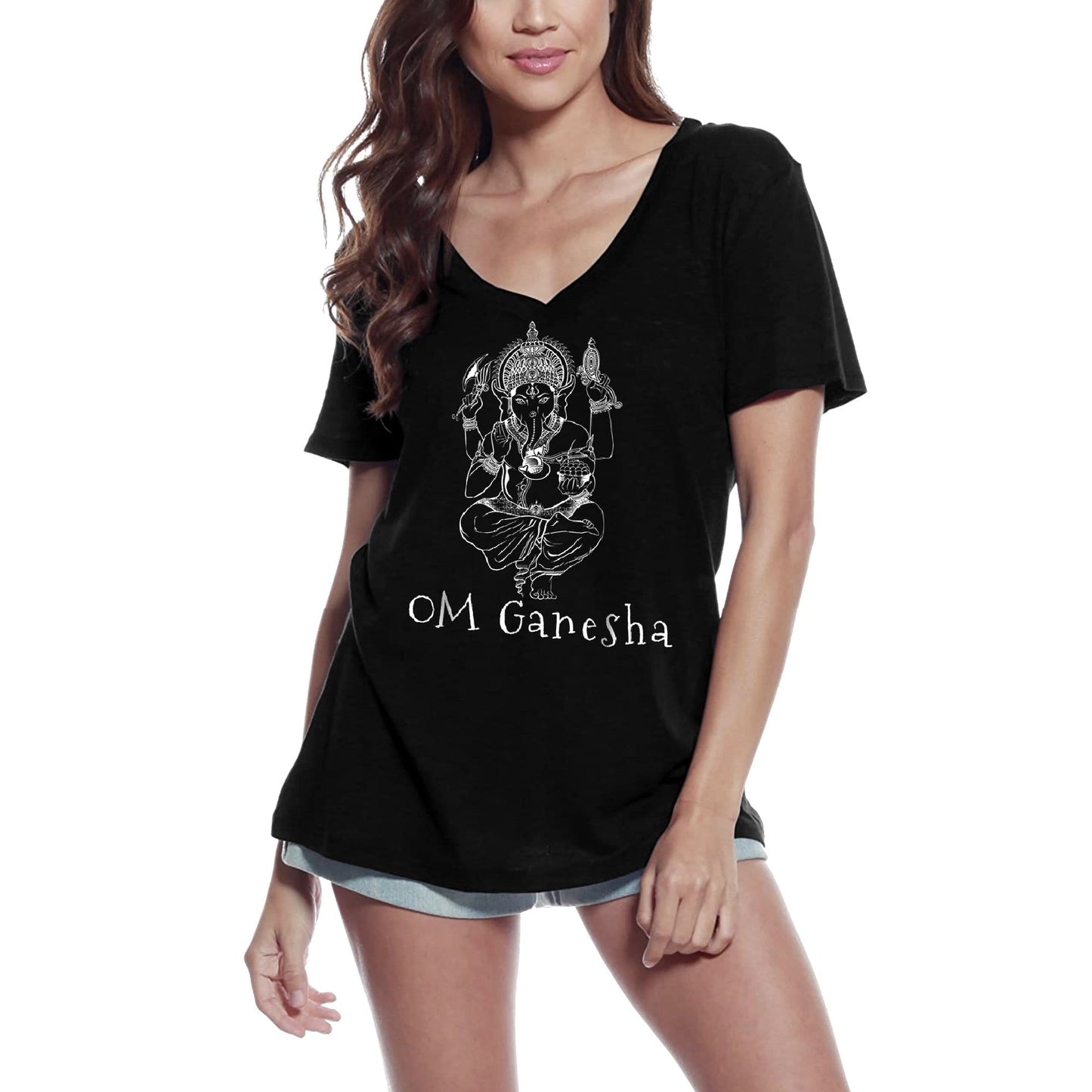 ULTRABASIC T-shirt col en V pour femme Ganesha Dieu hindou - Méditation spirituelle Yoga Lover Gift Tee Shirt