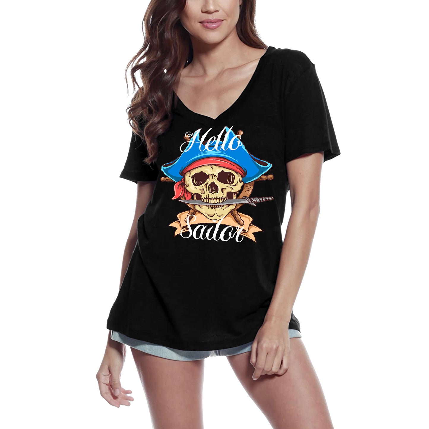 ULTRABASIC Damen-T-Shirt mit V-Ausschnitt Hello Sailor – Pirate Scary Skull – Grafikbekleidung