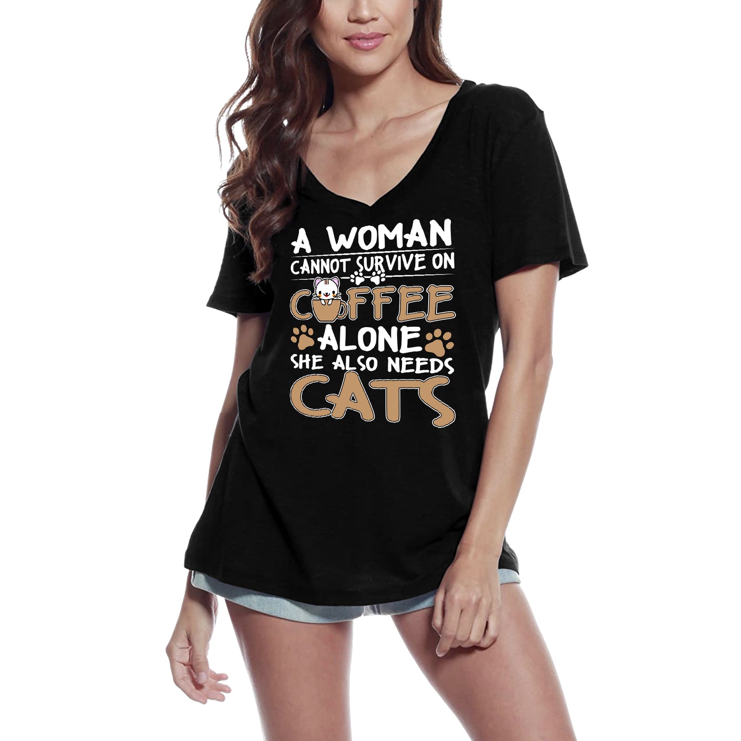 ULTRABASIC Damen-T-Shirt „A Woman Can Not Survive on Coffee Alone She Needs Cats“ – Lustiges Kätzchen-Shirt für Katzenliebhaber