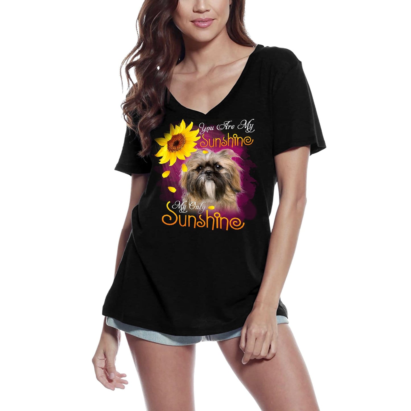 ULTRABASIC Damen-T-Shirt mit V-Ausschnitt My Only Sunshine – Shih Tzu – Vintage-Shirt