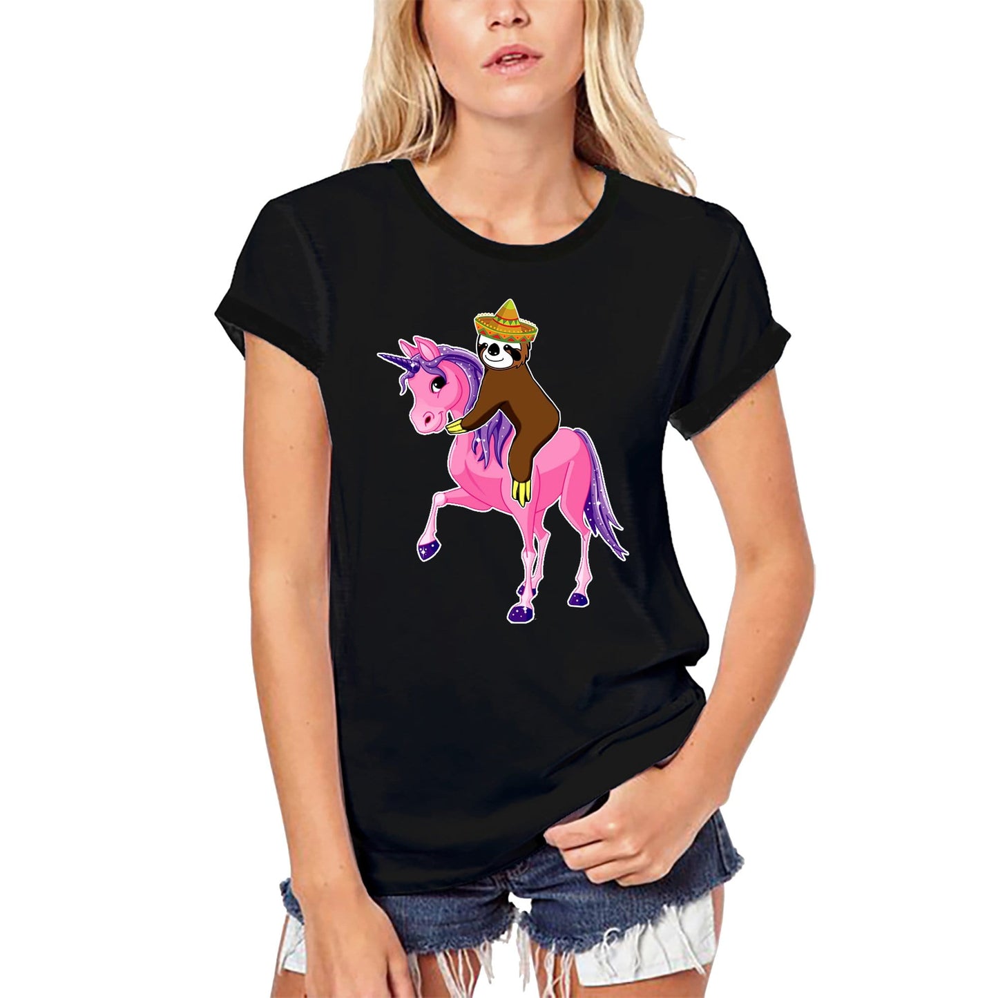 ULTRABASIC Women's Organic T-Shirt Sloth Rides Unicorn - Funny Tequila Tee Shirt