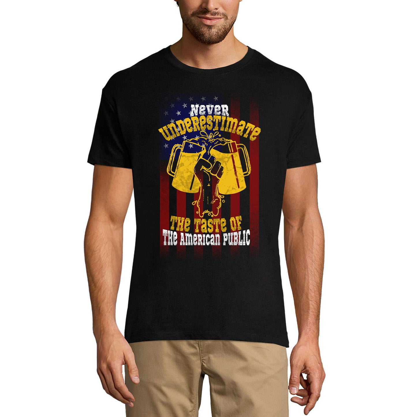 ULTRABASIC Herren-T-Shirt: Unterschätzen Sie niemals den Geschmack der amerikanischen Öffentlichkeit – Bierliebhaber-T-Shirt mit US-Flagge