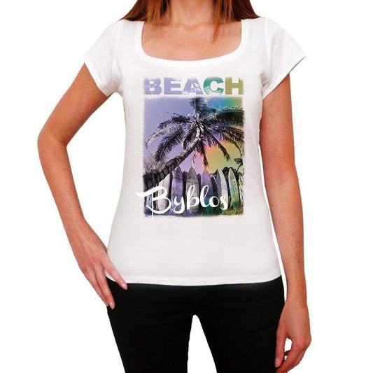 Byblos Beach Name Palm White Womens Short Sleeve Round Neck T-Shirt 00287 - White / Xs - Casual