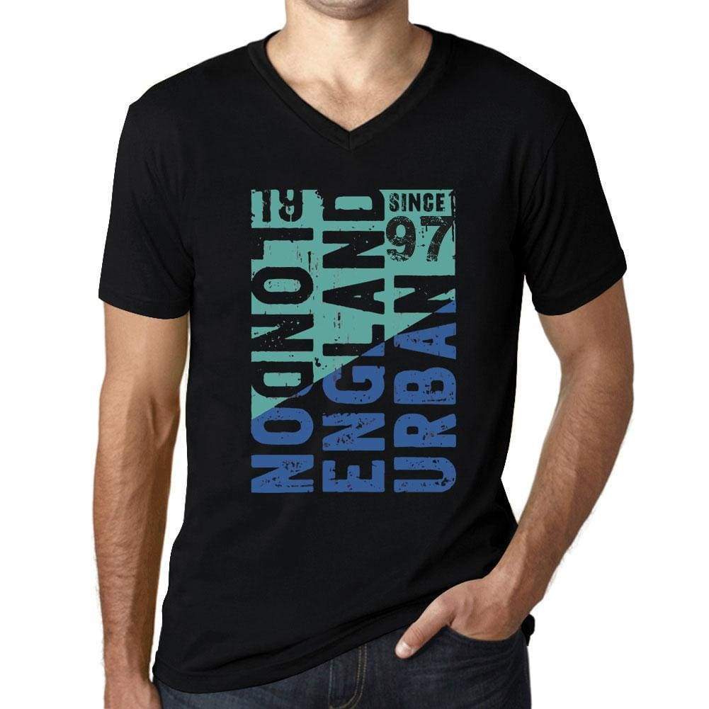 Mens Vintage Tee Shirt Graphic T Shirt V Neck London Since 97 Deep Black - Black / S / Cotton - T-Shirt