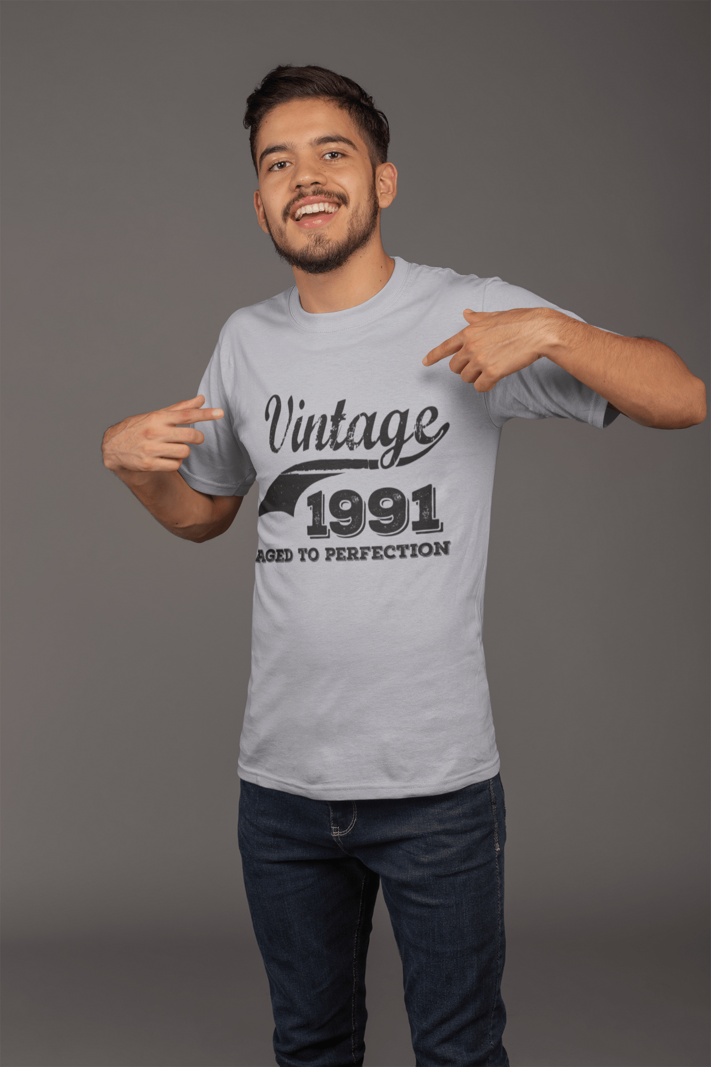 Vintage Aged to Perfection 1991, Gris, T-shirt à manches courtes et col rond pour hommes, t-shirt cadeau 00346