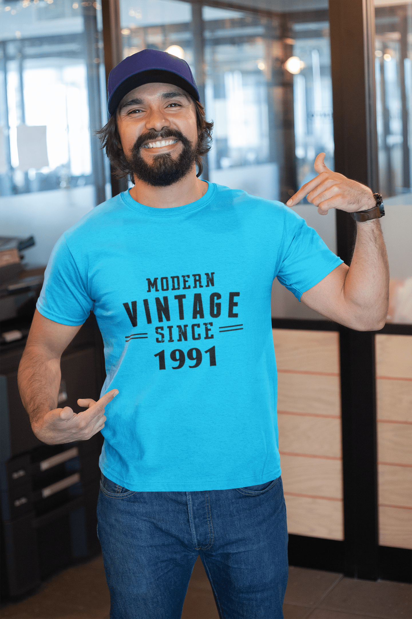 1991, Modern Vintage, Blau, Herren-Kurzarm-Rundhals-T-Shirt 00107