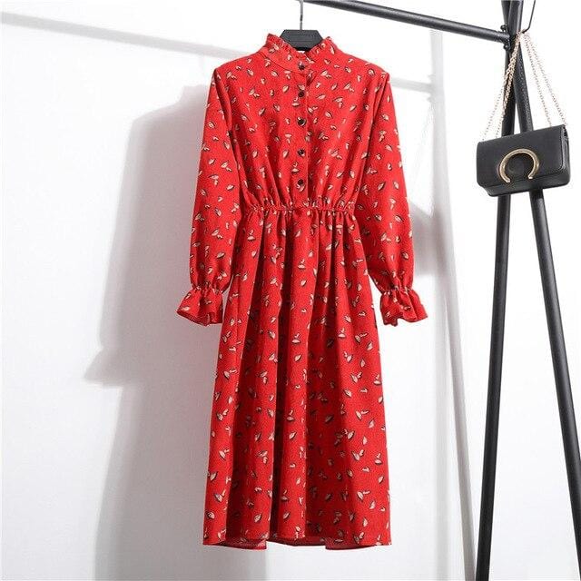 Autumn Dress Women 2019 Corduroy Plus Size Long Sleeve Cotton Dresses Floral Cherry Shirt Tunic Winter Harajuku Mori Party Dress