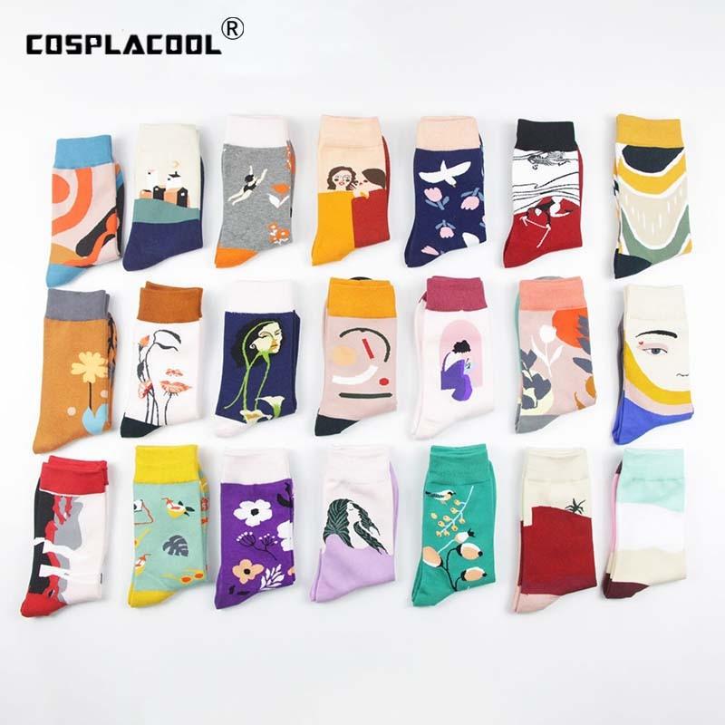 Harajuku japonais chaussettes drôles Art abstrait fleurs motif d'oiseau chaussettes mignonnes femmes heureux créatif Divertidos Skarpetki Crew Sokken