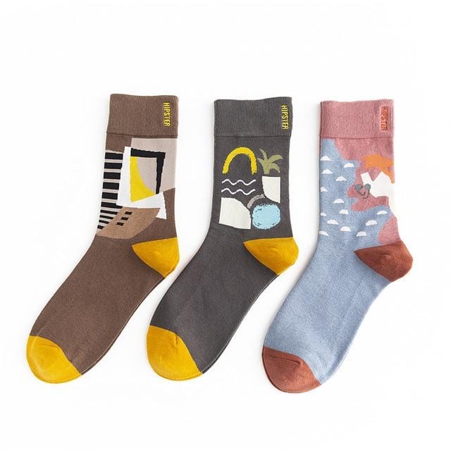 3 Pairs/lot Winter Retro Women Van Gogh Modern Oil Paint Cotton Mural World Famous Socks Art Abstract Happy Funny Women Socks