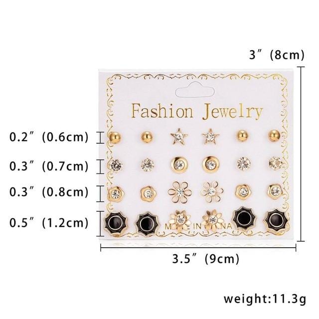 12 Pairs/set Stud Earrings Set With Card Transparent Zircon Balls Love Flowers Earrings Women Imulated Pearl Earrings Jewelry