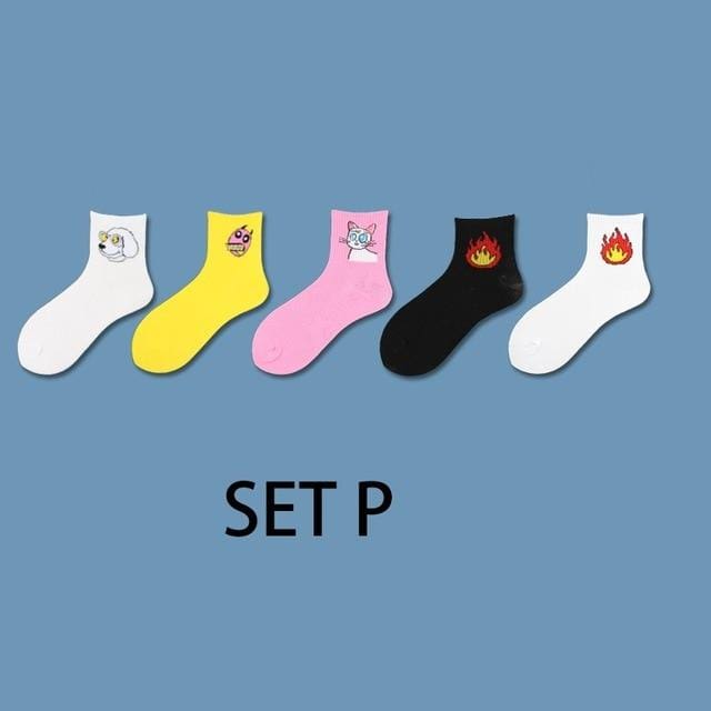 Ins Style Funny Animal Patterned Women Short Set Socks 5 Pairs Cartoon Ulzzang Cotton Ankle Breathable Female Harajuku Cool Sox