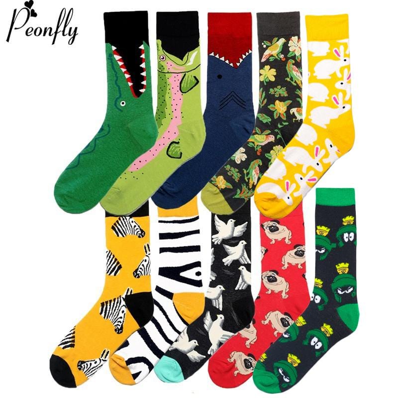 PEONFLY Men Fashion Printing Cartoon Crocodile Shark Zebra Dog Sloth Koala Flower Bird Colorful Socks Soft Comfort Cotton Socks