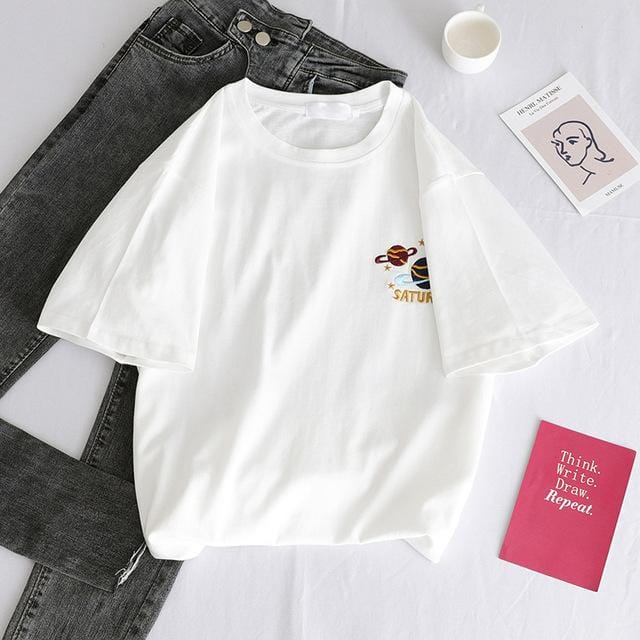 Korean cartoon Embroidery Loose basic t shirt autumn long Sleeve Simple T-shirts for Women harajuku Kawaii funny student tshirt