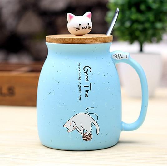 450ml Cartoon Ceramics Cat Mug With Lid and Spoon Coffee Milk Tea Mugs Breakfast Cup Drinkware Novelty Gifts