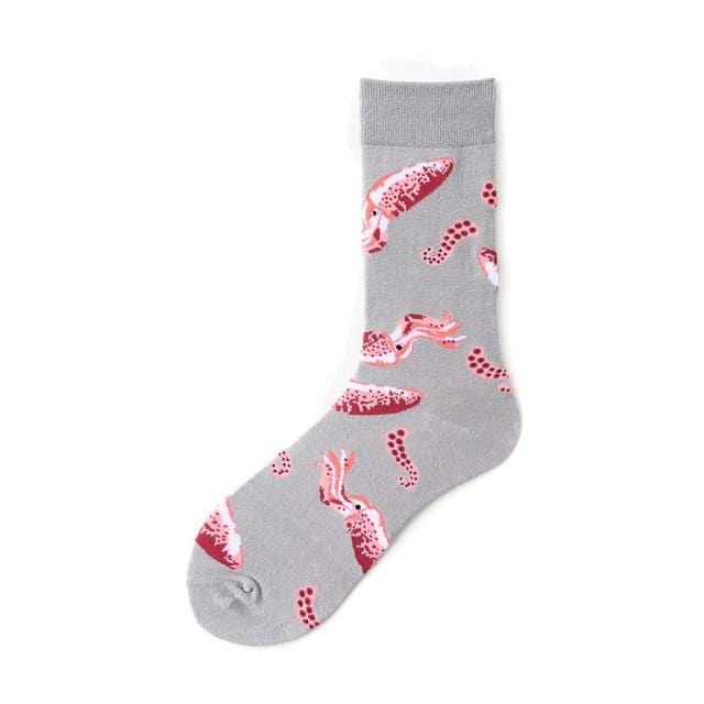 Nouveauté heureux drôle hommes chaussettes graphiques coton peigné Omelette grenouille fou Burger saumon maïs avocat oiseau poisson chaussette cadeau de noël