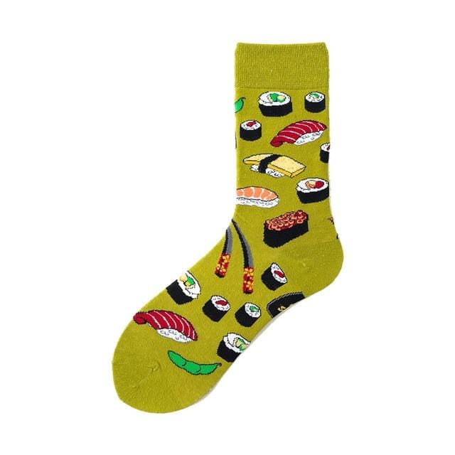 Nouveauté heureux drôle hommes chaussettes graphiques coton peigné Omelette grenouille fou Burger saumon maïs avocat oiseau poisson chaussette cadeau de noël