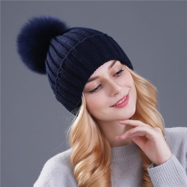 Xtrois vison et fourrure de renard casquette pom poms chapeau d'hiver pour femmes fille chapeau tricoté bonnets casquette flambant neuf épais femme casquette