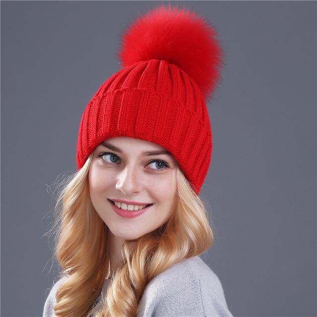 Xtrois vison et fourrure de renard casquette pom poms chapeau d'hiver pour femmes fille chapeau tricoté bonnets casquette flambant neuf épais femme casquette