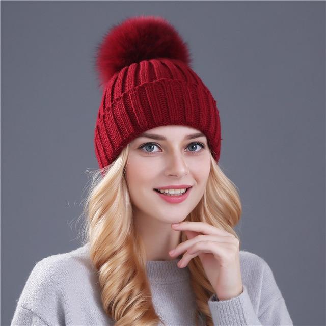 Xtrois vison et fourrure de renard casquette pom poms chapeau d'hiver pour femmes fille chapeau tricoté bonnets casquette flambant neuf épais femme casquette