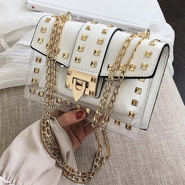 Small clear Brand Designer Woman 2020 New Fashion Messenger Bag Chains Shoulder Bag Female Rivets Transparent Square PU Handbag