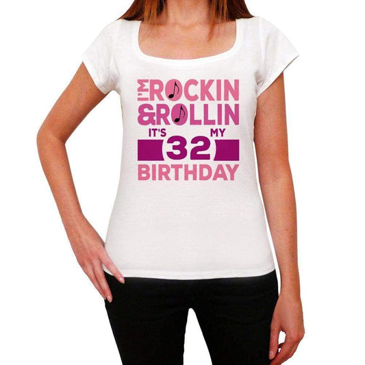 Rockin&rollin 32 White Womens Short Sleeve Round Neck T-Shirt Gift T-Shirt 00343 - White / Xs - Casual