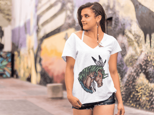ULTRABASIC Women's V Neck T-Shirt Native Wildlife - Horse - Indian Native Shirt