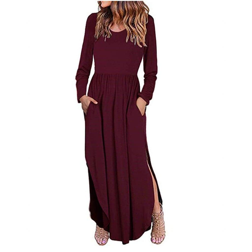 Women Loose Split Waist Swing Long Sleeve Casual Floor Length Maxi Long Dresse - Wine / L