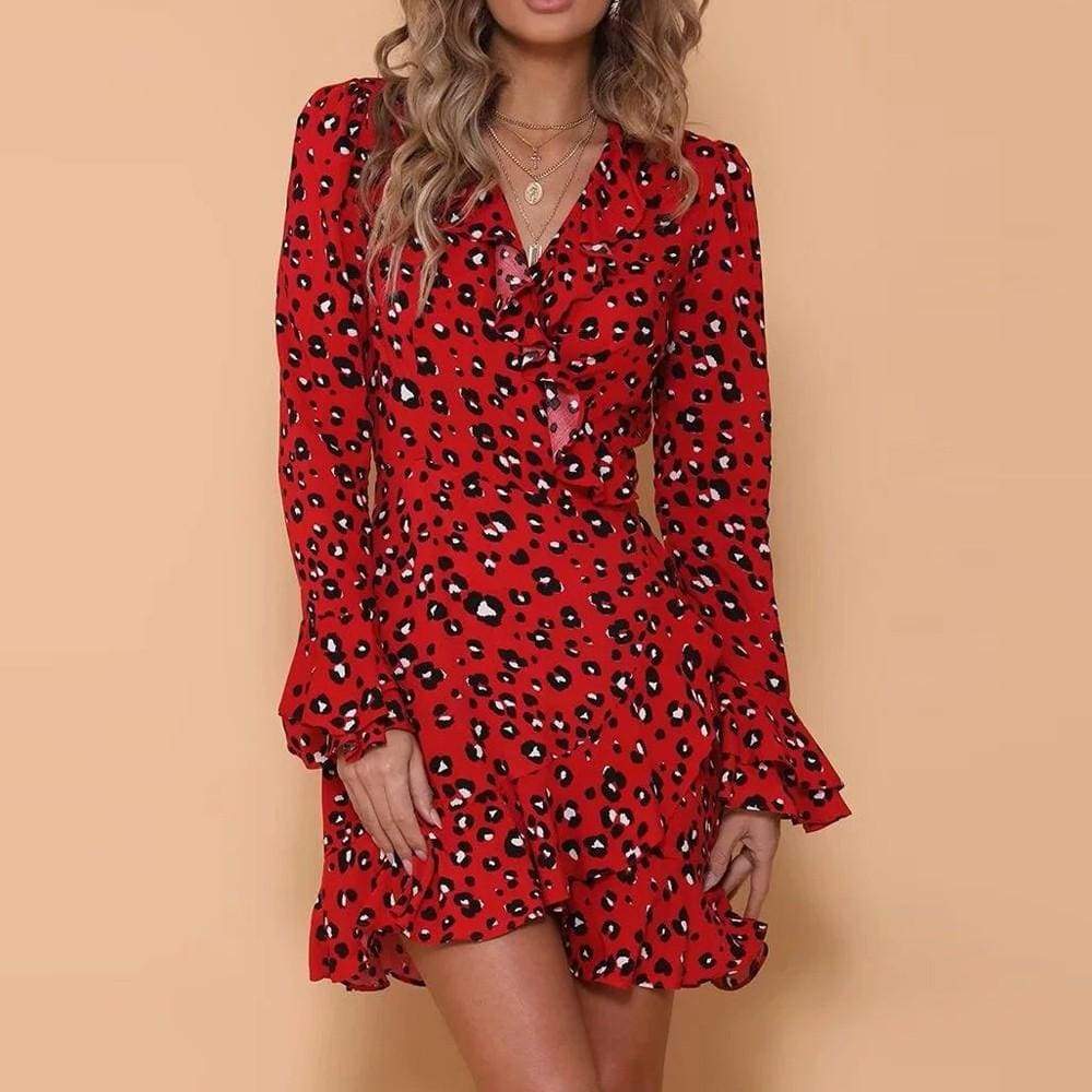 Womens Sexy V-Neck Leopard Printed Ruffled Hem Flare Sleeve Party Wrap Maxi Dress - Ultrabasic